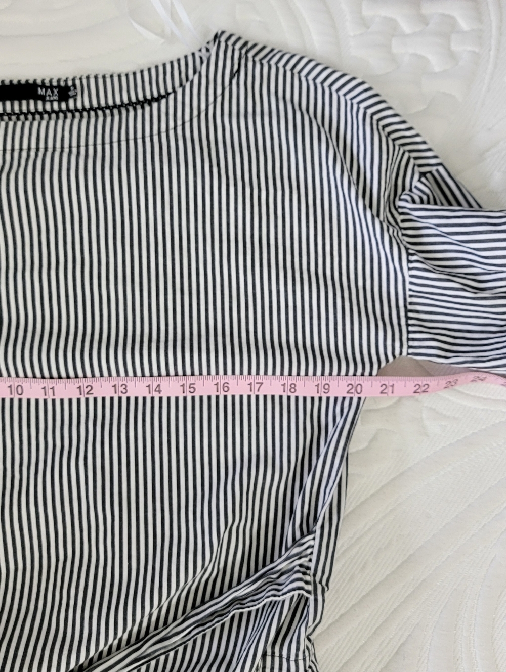 MAX Jeans Gray White Striped Boat Neck Tiered Balloon Sleeve Blouse Tie  Waist M - Picture 10 of 11